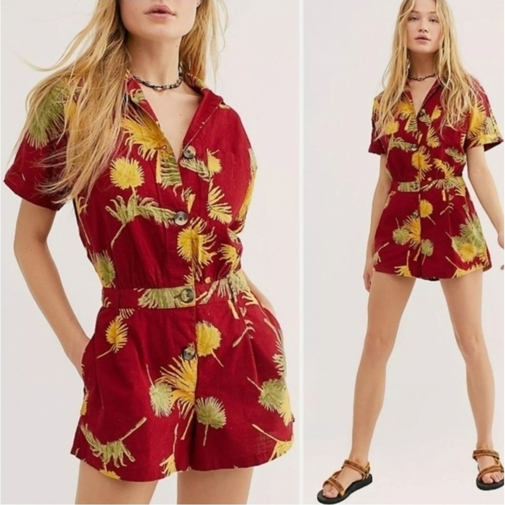 Free People Cotton Tropical Palm Print Romper Magenta Red Short Sleeve Small
